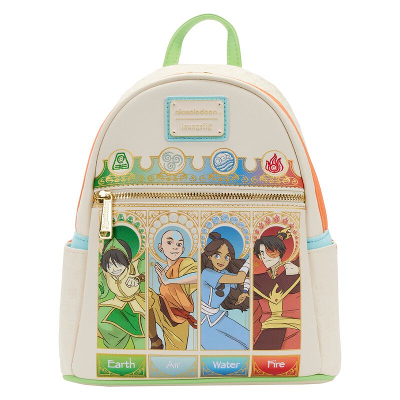 White backpack featuring Top, Hang, Katara, and Zuko from Avatar the Last Airbender, representing their elements